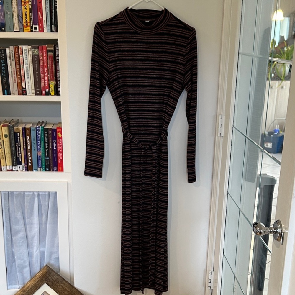 Long Sleeve Striped Knit Maxi Dress in Navy and Orange Sparkle